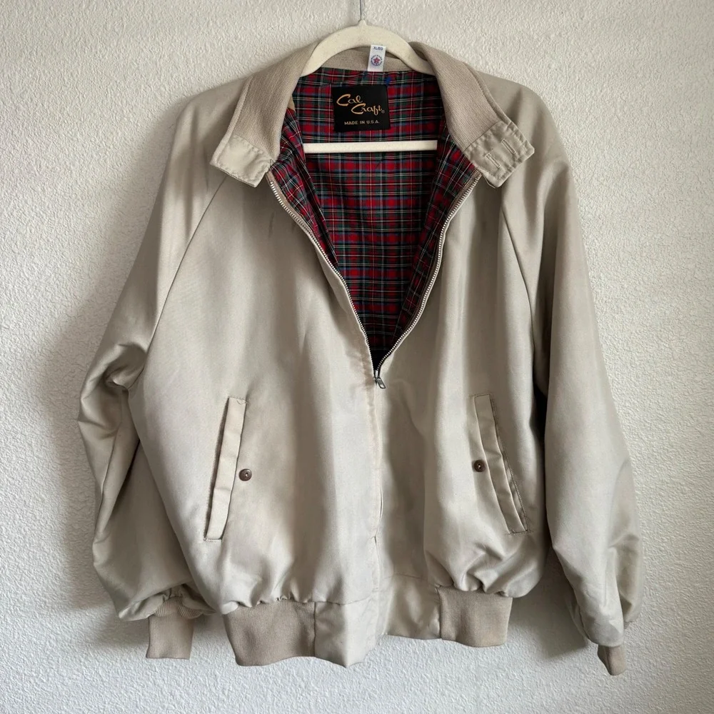 VTG Cal‎ Craft Harrington Jacket XL Tan Beige Plaid Lined Made In USA Bomber